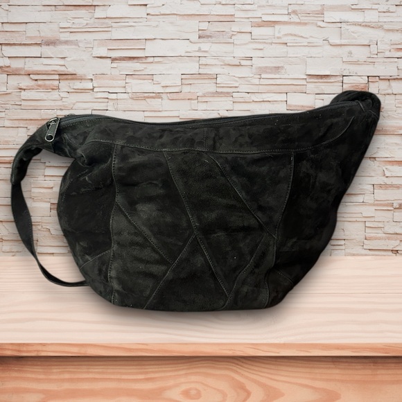 Black Suede Double Zip Crossbody Hobo Bag with Adjustable Strap - Picture 2 of 3